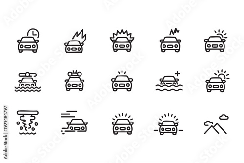 Black and White Car Emergency Vector Icons with Storm and Alert Symbols