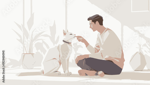 A modern, minimalist illustration capturing a man's tender interaction with his white cat in a serene, sunlit home, emphasizing comfort