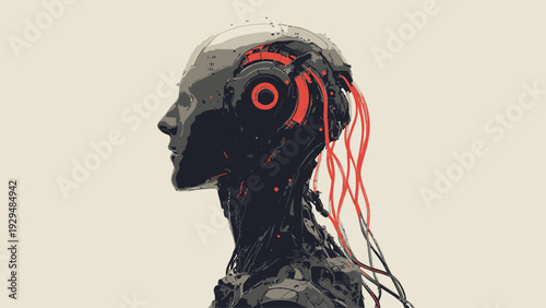 Stylized Digital Illustration of a Futuristic AI Entity's Profile Merging Human Form with Advanced Machine Intellect