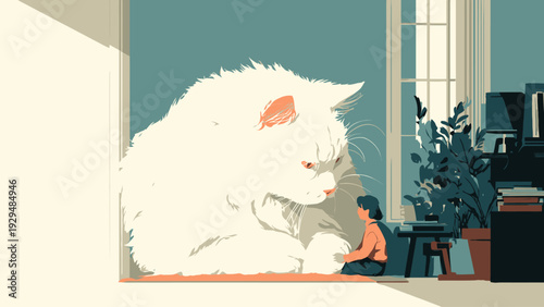 A colossal white cat and a tiny human sharing a serene moment near a window with indoor plants, embodying companionship and wonder