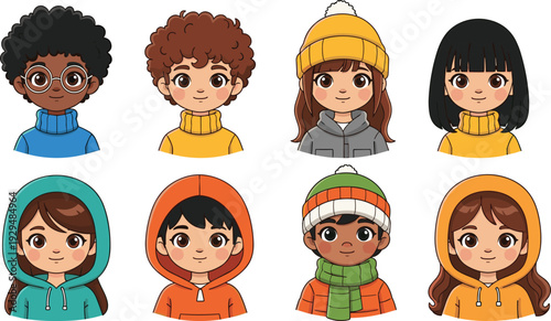 Set of cute diverse children avatar characters wearing colorful winter clothes, hoodies, beanies, and scarves, isolated on white background, vector,