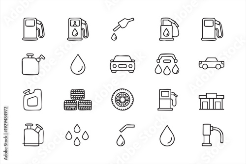 Gas Pump and Refueling Line Art Icons for Automotive Service Concepts