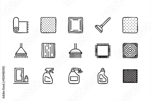 Household Carpet Care Line Art Icons with Brush and Detergent Symbols