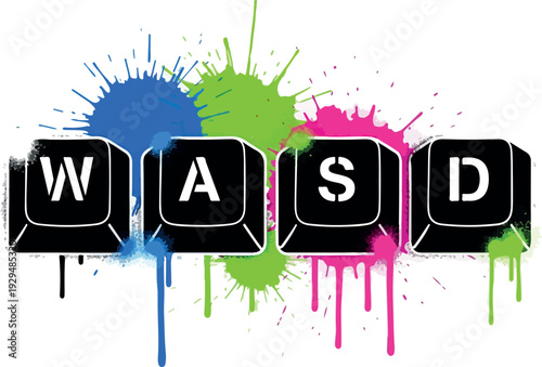 Vibrant paint splatters surround bold letter tiles forming the acronym WASD on a dynamic background illustration