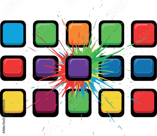 Vibrant icons arranged in a grid pattern with colorful splashes emanating from the center icon on a clean background from a direct viewpoint