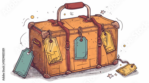 Illustrated vintage suitcase with leather straps and colorful luggage tags