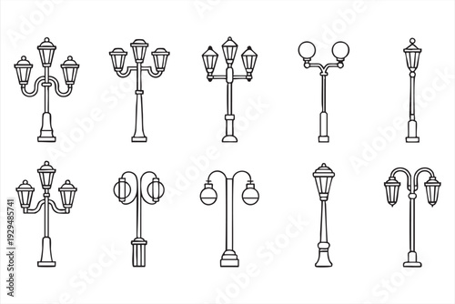 Minimal Outdoor Lamp Post Outline Icons for Architecture and Streetscape