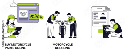 Flat vector illustrations for motorcycle detailing service online parts shopping and digital vehicle maintenance record management