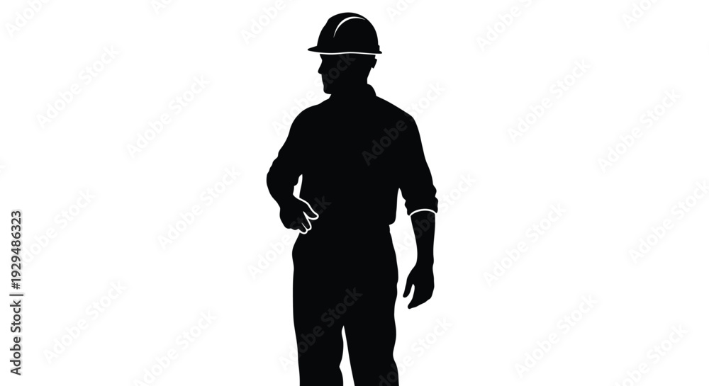 Obraz premium Silhouette of a confident construction worker in a hard hat standing with one hand on hip against a plain white background