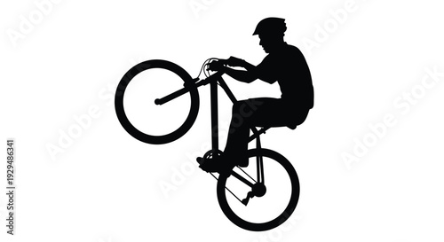 Silhouette of a man performing a bicycle trick with a bike on a white background capturing action and thrill in a minimalist style