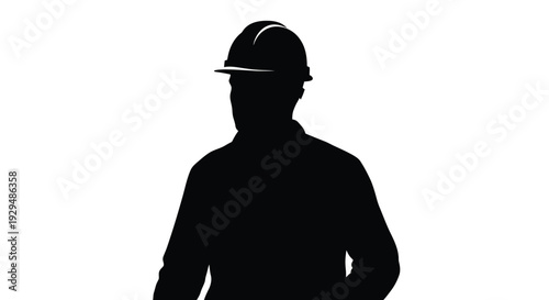 Silhouette of a construction worker wearing a hard hat standing confidently on a white background representing industry and labor