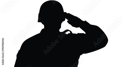 Silhouette of a soldier saluting with a helmet on a white background symbolizing respect and patriotism