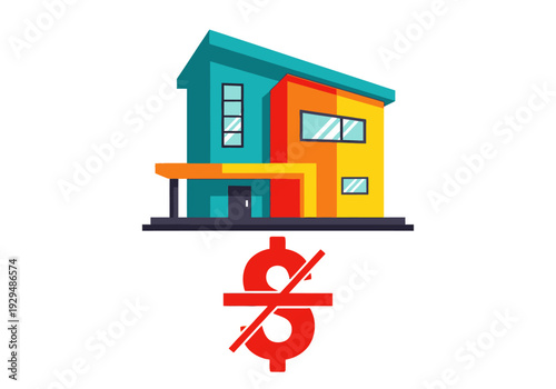 Modern House with Discounted Price Symbol.