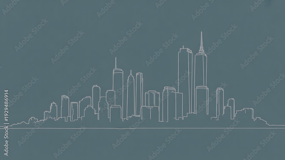 Fototapeta premium line art vector illustration of a modern city skyline at dusk, simple outlines, minimal details, two-tone palette (dark blue, light grey), clean and elegant, scalable vector design