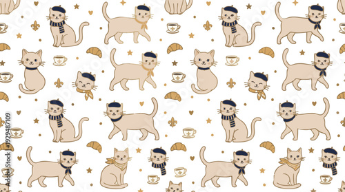 Adorable vector seamless pattern with cute cartoon cats in stylish berets and scarves, accented by tiny coffee cups and crowns, perfect for fabric, wallpaper, or digital backgrounds