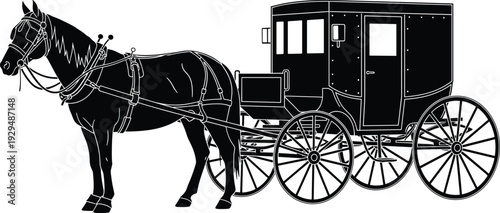 Vintage horse drawn carriage vector silhouette, black antique stagecoach icon on white background, historical transportation illustration for travel and history.