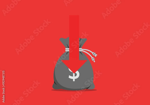 Money Bag With Downward Arrow Symbolizing Financial Loss.