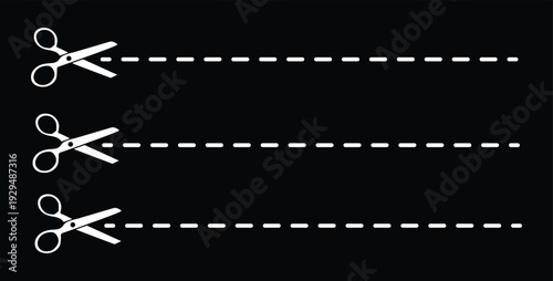 Simple black and white graphic icon illustrating three separate scissors poised ready to cut along distinct horizontal perforated or dashed cutting lines for graphic design projects.
