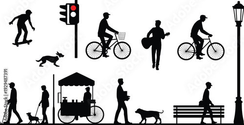 Comprehensive collection of diverse flat vector people and urban silhouettes in standing, sitting, walking, and cycling poses for community, lifestyle, and modern city concepts.