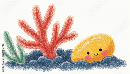 A smiling cartoon oyster in ocean.