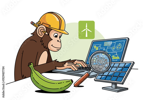 Monkey wearing hard hat working on laptop with solar panel.
