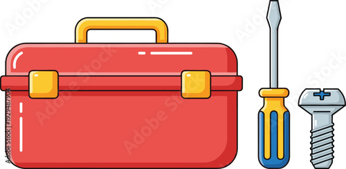 Red plastic toolbox vector illustration, yellow screwdriver and metal screw on white background, home repair and construction maintenance equipment icon.