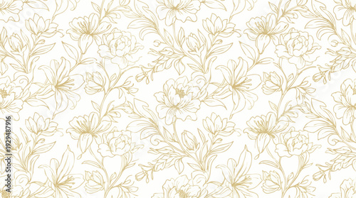 Elegant seamless golden floral pattern on a white background, featuring hand-drawn botanical outlines and decorative elements for sophisticated designs and luxurious prints