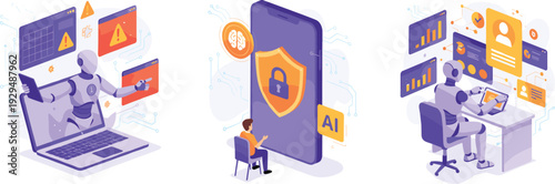 Isometric vector illustrations featuring humanoid robots managing data security AI mobile protection and automated digital workspace technology