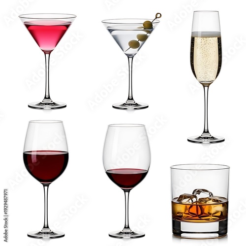 Assorted cocktail glasses and drinks displayed on a white background.