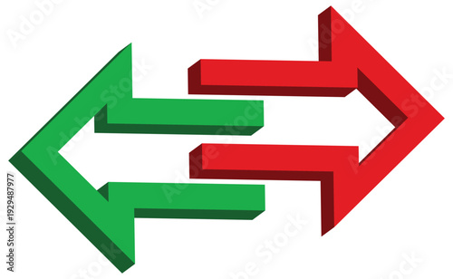 Interlocking Red and Green 3D Vector Arrows Pointing in Opposite Directions Symbolizing Conflict, Exchange, Navigation and Direction Concept Isolated on Transparent Background