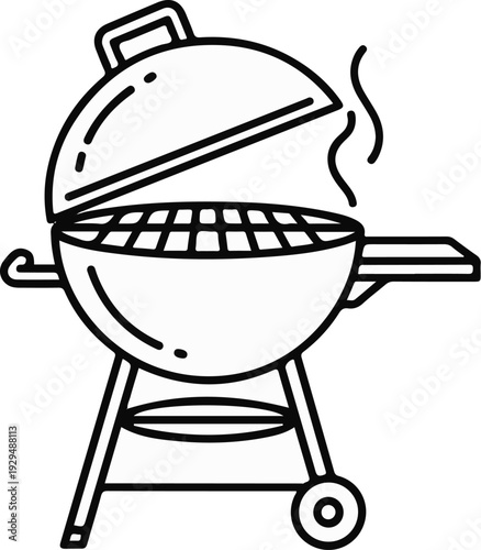 A charcoal grill with lid ajar, emitting wisps of smoke