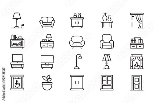 Living Room and Home Decor Line Art Icons Vector Set