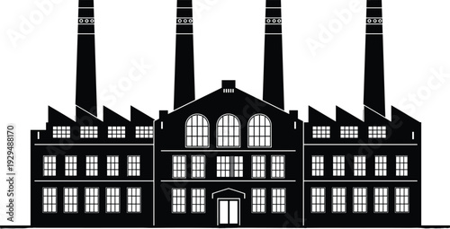 Industrial factory building vector silhouette, black vintage power plant icon on white background, manufacturing facility illustration for energy and production.