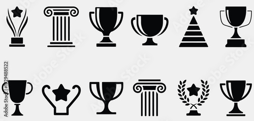 Trophy and award vector collection, featuring cups, columns, medals, and star symbols for achievement, recognition, competition, and success illustration, branding, and digital projects.