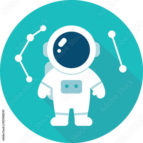 Astronaut stands inside a teal circle with constellation lines behind