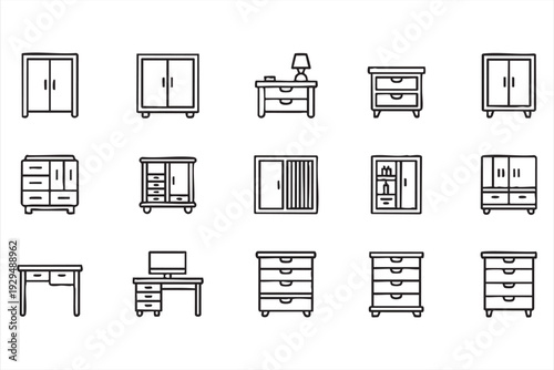 Furniture Cabinet and Drawer Line Icons Set for Home Interior Design