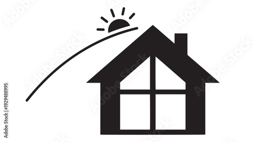 Passive Solar House With Large South Window And Sun Path Arc Illustrating Daylighting And Thermal Gain — Black Solid Vector For Energy-Efficient Home Design