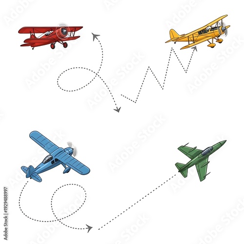 Four toy airplanes flying in different directions on a white background.