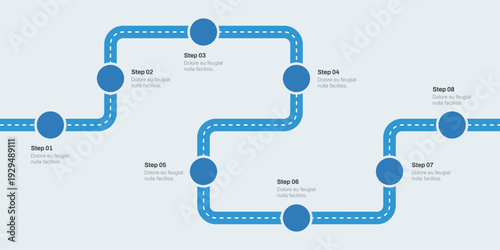 Blue Roadmap Infographic With Eight Steps And Winding Road