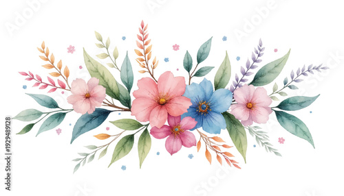 Colorful floral arrangement with leaves and flowers.
