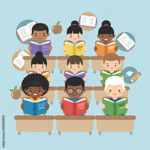 Nine diverse children are happily reading books at school desks, with educational symbols like apples and graduation caps floating around them.