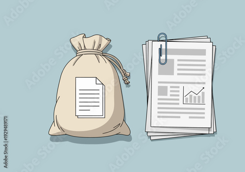 Money Bag and Documents Representing Financial Records.
