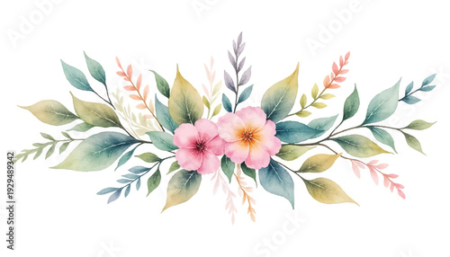 Watercolor floral arrangement with pink flowers.
