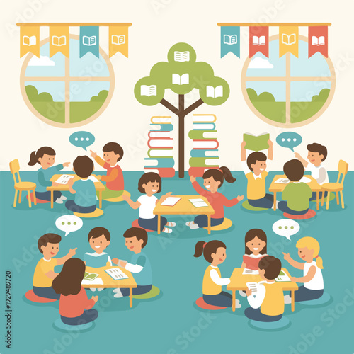 Children happily engage in reading and discussion groups within a bright, colorful educational space adorned with book-themed elements and a symbolic "book tree."