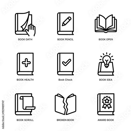 Minimalist Outline Book Theme Icons Collection Set of Nine Different Types