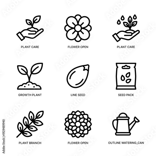 Line Art Simple Gardening Element Plant and Flower Icon Set