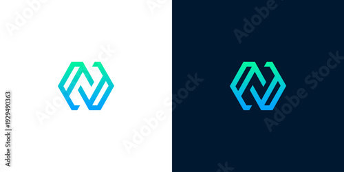 Modern abstract letter N logo design featuring a dynamic blue-green gradient, symbolizing connectivity, innovation, and digital technology on contrasting backgrounds for branding purposes