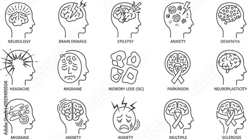 Neurology and mental health line icons for brain disorders anxiety dementia and neurological medical research concepts