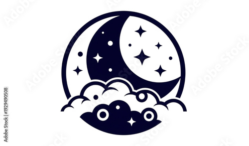 A minimalist vector graphic of a crescent moon with stars and clouds