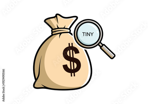 Money Bag Magnified Showing Tiny Amount.